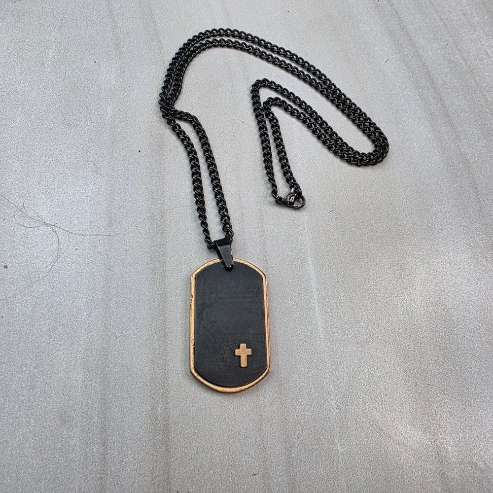 Mens Stainless Steel Black Dog Tag Cross Pendant Necklace Curb Chain Two Tone‎